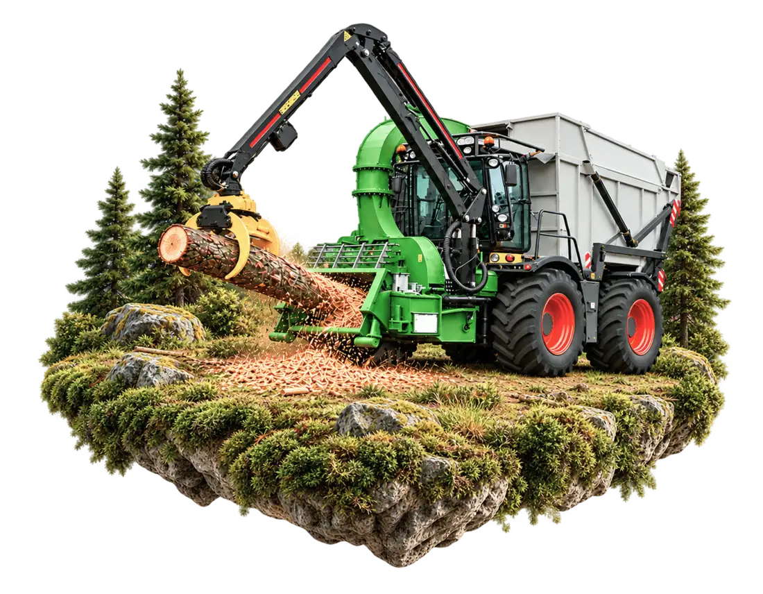 Holzhacker mit Kran auf einer bewaldeten Insel